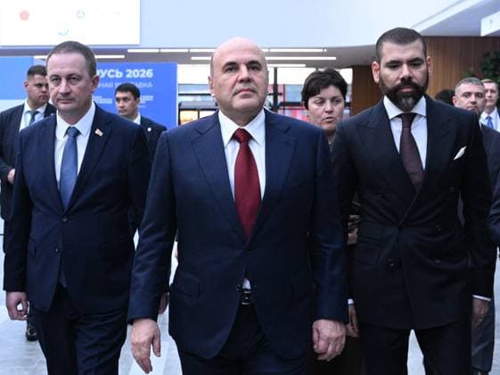 Belarus Russia 9255626 01.10.2026 Belarusian Prime Minister Alexander Turchin, Russian Prime Minister Mikhail Mishustin and Nicaraguan Presidential Advisor for the Promotion of Investment, Trade and International Cooperation Laureano Ortega Murillo tour stands during the Innoprom. Belarus international industrial trade fair at the BelEXpo exhibition centre in Minsk, Belarus. Kirill Zykov Sputnik Minsk Belarus Copyright: xKirillxZykovx