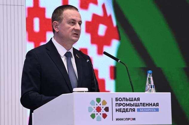 Belarus Russia 9255634 01.10.2026 Belarusian Prime Minister Alexander Turchin delivers a speech during a plenary session Industrial and Technological Cooperation: Building Complementary Partnerships of the Innoprom. Belarus international industrial trade fair at the BelEXpo exhibition centre in Minsk, Belarus. Kirill Zykov Sputnik Minsk Belarus Copyright: xKirillxZykovx