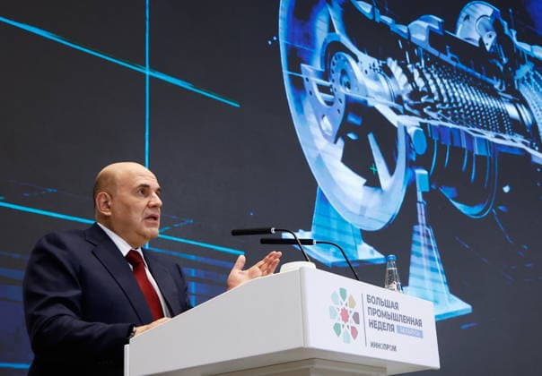 BELARUS, MINSK - OCTOBER 1, 2026: Russia s Prime Minister Mikhail Mishustin speaks at a plenary meeting during the INNOPROM Belarus 2026 International Industrial Exhibition at BELEXPO Minsk Belarus  - ZUMAt113 20261001_zaa_t113_409 Copyright: xAlexanderxRyuminx