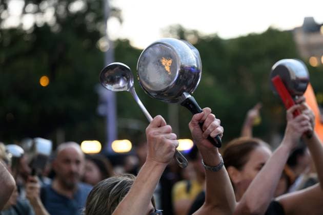 October 1, 2026, Madrid, Spain: MADRID, SPAIN, OCTOBER 1, 2026: Members of the Sindicato de Inquilinas participate in a casserole protest outside Madrid City Hall, demanding action on housing affordability and tenant protections. The demonstration was organized by the tenants union as part of a nationwide mobilization calling on lawmakers to approve housing measures, including protections against evictions and changes to rental contracts. Madrid Spain - ZUMAq101 20261001_zna_q101_199 Copyright: xTomasxCallex