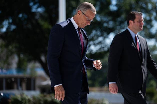 DC: Trump Departure en route Denton, Texas United States Senate Majority Leader John Thune (Republican of South Dakota) walks on the South Lawn of the White House in Washington, DC, USA, on Thursday, October 1, 2026. President Trump and Vice President Vance are expected to be on the campaign trail almost every day in October, as surveys show Republicans rapidly losing ground amid voter anger over the economy and the war in Iran. Credit: CNP AdMedia EDITORIAL USE ONLY  Copyright: xx AdMediax admphotosthree018793