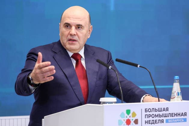 BELARUS, MINSK - OCTOBER 1, 2026: Russia s Prime Minister Mikhail Mishustin speaks at a plenary meeting during the INNOPROM Belarus 2026 International Industrial Exhibition at BELEXPO Minsk Belarus  - ZUMAt113 20261001_zaa_t113_406 Copyright: xAlexanderxRyuminx