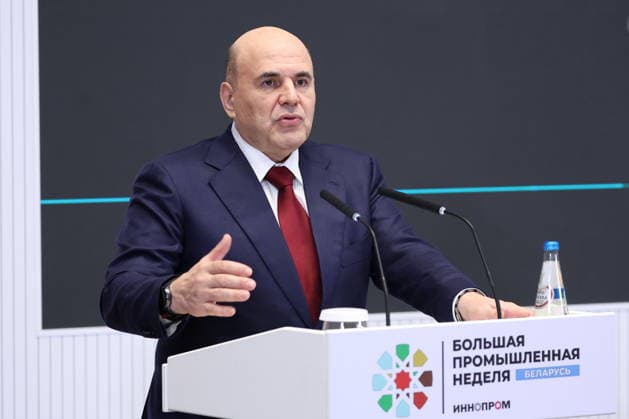 BELARUS, MINSK - OCTOBER 1, 2026: Russia s Prime Minister Mikhail Mishustin speaks at a plenary meeting during the INNOPROM Belarus 2026 International Industrial Exhibition at BELEXPO Minsk Belarus  - ZUMAt113 20261001_zaa_t113_405 Copyright: xAlexanderxRyuminx
