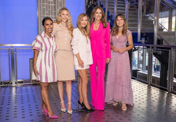 October 1, 2026, New York, New York, USA: SADIA ZAPP, MIRANDA MCKEON, BRIDGET BAHL, ELIZABETH HURLEY and KATIE THURSTON visit the Empire State Building in New York to honor Breast Cancer Awareness Month and the Breast Cancer Campaign with The Estee Lauder Company. 1 October 2026 New York USA  - ZUMAa265 20261001_zep_a265_036 Copyright: xEricxAcquayex