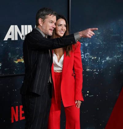 Matt Damon and his wife Luciana Damon attend the premiere of Netflix s political and psychological thriller Animals at the Westwood Village Theater in Los Angeles on Thursday, October 1, 2026. Storyline: Desperate to pay their son s ransom, a mayoral candidate and his wife resort to extreme measures, revealing dark secrets they never intended to bring to light.  LAP2026100131 JIMxRUYMEN