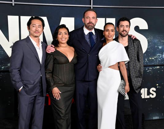 (L-R) Steven Yeun, Adriana Paz, Ben Affleck, Kerry Washington and Luis Gerardo Mendez gather for a photo-op during the premiere of Netflix s political and psychological thriller Animals at the Westwood Village Theater in Los Angeles on Thursday, October 1, 2026. Storyline: Desperate to pay their son s ransom, a mayoral candidate and his wife resort to extreme measures, revealing dark secrets they never intended to bring to light.  LAP2026100146 JIMxRUYMEN