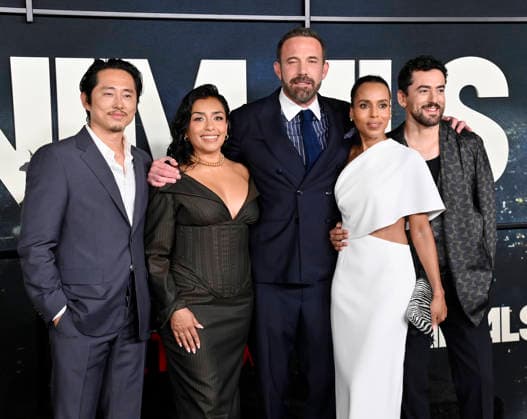 (L-R) Steven Yeun, Adriana Paz, Ben Affleck, Kerry Washington and Luis Gerardo Mendez gather for a photo-op during the premiere of Netflix s political and psychological thriller Animals at the Westwood Village Theater in Los Angeles on Thursday, October 1, 2026. Storyline: Desperate to pay their son s ransom, a mayoral candidate and his wife resort to extreme measures, revealing dark secrets they never intended to bring to light.  LAP2026100147 JIMxRUYMEN
