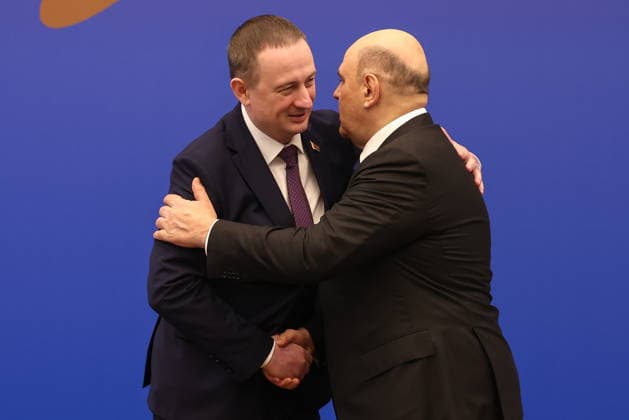 BELARUS, MINSK - OCTOBER 2, 2026: Alexander Turchin (L), Prime Minister of Belarus, greets his counterpart Mikhail Mishustin of Russia during a photo op for participants in a meeting of the Eurasian Intergovernmental Council Minsk Belarus - ZUMAt113 20261002_zaa_t113_018 Copyright: xAlexanderxRyuminx
