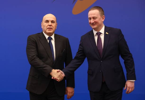 BELARUS, MINSK - OCTOBER 2, 2026: Alexander Turchin (R), Prime Minister of Belarus, greets his counterpart Mikhail Mishustin of Russia during a photo op for participants in a meeting of the Eurasian Intergovernmental Council Minsk Belarus - ZUMAt113 20261002_zaa_t113_021 Copyright: xAlexanderxRyuminx