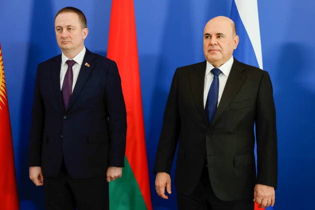 BELARUS, MINSK - OCTOBER 2, 2026: Alexander Turchin (L), Prime Minister of Belarus, greets his counterpart Mikhail Mishustin of Russia during a photo op for participants in a meeting of the Eurasian Intergovernmental Council Minsk Belarus - ZUMAt113 20261002_zaa_t113_026 Copyright: xDmitryxAstakhovx
