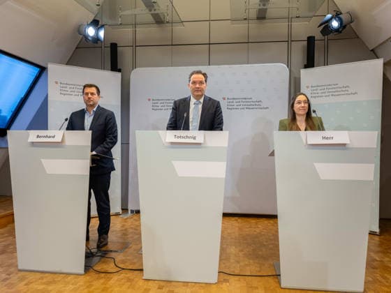 October 2, 2026: Press Conference at the Federal Ministry of Agriculture, Forestry, Climate, and Environmental Protection (BMLUK); Michael Bernhard, NEOS Member of the National Council; Federal Minister of Agriculture and Forestry, Cli