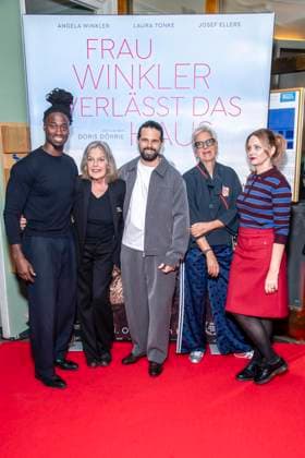 ABB FRAUWINKLER Eugene Boateng, Angela Winkler, Josef Ellers, Doris Doerrie, and Laura Tonke on the red carpet at the special screening of the feature film *Frau Winkler Verlässt das Haus* at the Cinema Paris in Berlin on October 1, 2026, Berlin, Germany
