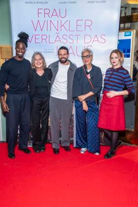 ABB FRAUWINKLER Eugene Boateng, Angela Winkler, Josef Ellers, Doris Doerrie, and Laura Tonke on the red carpet at the special screening of the feature film *Frau Winkler Verlässt das Haus* at the Cinema Paris in Berlin on October 1, 2026, Berlin, Germany