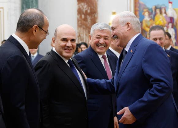 BELARUS, MINSK - OCTOBER 2, 2026: Alexander Lukashenko (R), President of Belarus, greets Prime Ministers Abdulla Aripov of Uzbekistan, Mikhail Mishustin of Russia, and Adylbek Kasymaliev (L-R) of Kyrgyzstan, during a meeting at the Independence Palace Minsk Belarus - ZUMAt113 20261002_zaa_t113_130 Copyright: xDmitryxAstakhovx
