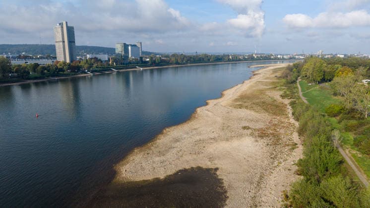 Low Water Levels Expose the Banks of the Rhine in Bonn Ramersdorf Bonn, October 2, 2026 Dried-up riverbank area of the Rhine in Bonn Ramersdorf Due to persistently low water levels, large sections of the riverbank area—which is normally covered by the Rhine—are n