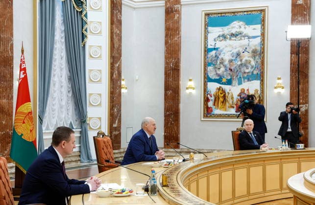 BELARUS, MINSK - OCTOBER 2, 2026: Alexander Lukashenko (C), President of Belarus, Prime Minister Alexander Turchin (L), and Sergei Lebedev, Secretary General of the Commonwealth of Independent States (CIS), attend a meeting with the heads of government of the Eurasian Economic Union at the Independence Palace. Dmitry Astakhov POOL TASS 98665126