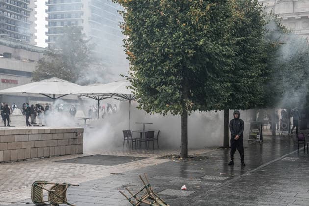 Students clash with police during high-school mobilization in Nancy NANCY, FRANCE - OCTOBER 2: Students gather around several schools and clash with police forces as a nationwide high-school mobilization continues over school conditions and demands for greater education resources in Nancy, France on October 2, 2026. Police deploy security units around several locations as demonstrations and blockades continue. Muhammed Said Tako Anadolu Nancy France. Editorial use only. Please get in touch for any other usage.  Copyright: x2026xAnadoluxMuhammedxSaidxTakox
