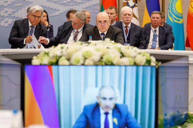 BELARUS, MINSK - OCTOBER 2, 2026: Mikhail Mishustin (front), Russia s Prime Minister, attends an expanded meeting of the Eurasian Intergovernmental Council Minsk Belarus  - ZUMAt113 20261002_zaa_t113_211 Copyright: xDmitryxAstakhovx