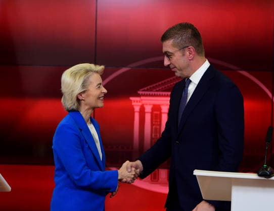 President of the European Commission Ursula von der Leyen during a joint press conference with the Prime Minister of North Macedonia Hristijan Mickoski in Skopje, North Macedonia, 2 October 2026. IMAGO PETR STOJANOVSKI