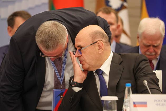 BELARUS, MINSK - OCTOBER 2, 2026: Mikhail Mishustin, Russia s Prime Minister, talks to his deputy Alexei Overchuk during an expanded meeting of the Eurasian Intergovernmental Council Minsk Belarus  - ZUMAt113 20261002_zaa_t113_236 Copyright: xAlexanderxRyuminx