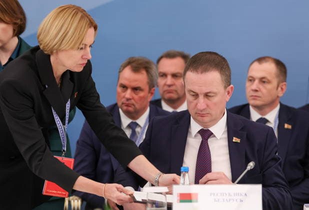 BELARUS, MINSK - OCTOBER 2, 2026: Alexander Turchin, Prime Minister of Belarus, and his deputy Natalia Petkevich (R-L front) attend an expanded meeting of the Eurasian Intergovernmental Council. Alexander Ryumin TASS  98671369