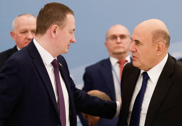 BELARUS, MINSK - OCTOBER 2, 2026: Mikhail Mishustin (R), Russia s Prime Minister, and his counterpart Alexander Turchin of Belarus attend an expanded meeting of the Eurasian Intergovernmental Council Minsk Belarus  - ZUMAt113 20261002_zaa_t113_254 Copyright: xDmitryxAstakhovx