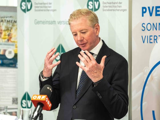 October 2, 2026 Press Conference: Health Austria; Peter McDonald, Chairman of the Board of Directors of the Austrian Health Insurance Fund, at the press conference on October 2, 2026, marking the 5-year anniversary of the PVE Sonnwendviertel—medical care and psychosocial support under one roof at the PVE Sonnwendviertel in Vienna, Vienna, Austria