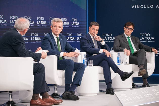 Second day of the La Toja Vínculo Atlántico Forum I D The president of Spain’s Economic and Social Council (CES), Antón Costas, the president of the Xunta de Galicia, Alfonso Rueda; the Lehendakari, Imanol Pradales; and the president of the Generalitat, Salvador Illa, during the La Toja Vínculo Atlántico Forum on October 2, 2026, in O Grove, Pontevedra, Galicia, Spain. The La Toja Vínculo Atlántico Forum is a renowned annual forum for debate and reflection focused on the defense of liberal democracy, the Atlantic partnership, and international cooperation. Founded in 2019 on the initiative of Josep Piqué, Amancio López Seijas, and the Hotusa Group, it brings together prominent political and business leaders, academics, and representatives Copyright: xElenaxFernandezx 7815495