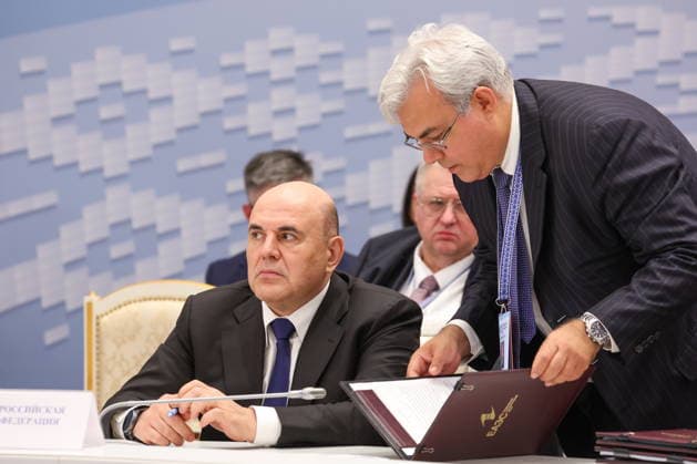 BELARUS, MINSK - OCTOBER 2, 2026: Mikhail Mishustin (L), Russia s Prime Minister, and Elmir Tagirov, Deputy Chief of the Government Staff, attend an expanded meeting of the Eurasian Intergovernmental Council Minsk Belarus  - ZUMAt113 20261002_zaa_t113_308 Copyright: xAlexanderxRyuminx
