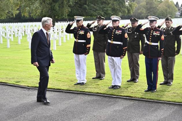 King Philippe - Filip of Belgium pictured during a royal visit to the World War II Commemoration at the American Military Cemetery in Henri-Chapelle, Plombieres, on Friday 2 October 2026. The ceremony pays tribute to the American veterans in attendance and to their fallen comrades-in-arms. It features testimonials, musical performances, and prayers, as well as a wreath-laying ceremony, a salute, and a flyover by U.S. aircraft.  ERICxLALMAND 188541393
