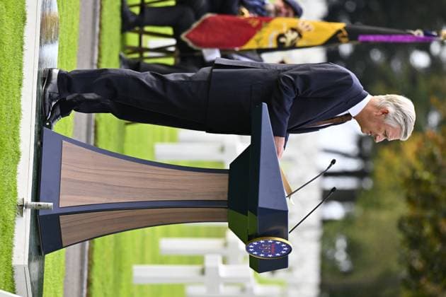 King Philippe - Filip of Belgium pictured giving a speech during a royal visit to the World War II Commemoration at the American Military Cemetery in Henri-Chapelle, Plombieres, on Friday 2 October 2026. The ceremony pays tribute to the American veterans in attendance and to their fallen comrades-in-arms. It features testimonials, musical performances, and prayers, as well as a wreath-laying ceremony, a salute, and a flyover by U.S. aircraft.  ERICxLALMAND 188543889