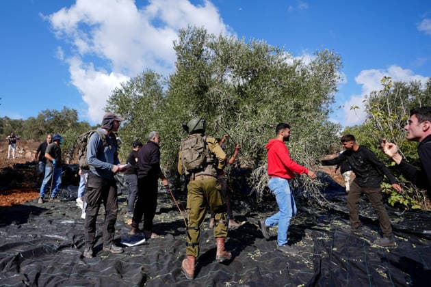 Israeli forces injure Palestinian farmer during raids on olive farms NABLUS, WEST BANK, PALESTINE - OCTOBER 2: Israeli military forces and settlers intervene against Palestinian farmers and international activists harvesting olives in the town of Beita, in Nablus, West Bank, Palestine on October 02, 2026. Israeli settlers beat the 46-year-old Palestinian man in the town of Beita, according to the Palestinian Red Crescent Society. Witnesses told Anadolu that a group of Israeli settlers fired stun grenades and tear gas at farmers in the Jabal al-Arma area, forcing them to leave. Issam Rimawi Anadolu Nablus West Bank. Editorial use only. Please get in touch for any other usage.  Copyright: x2026xAnadoluxIssamxRimawix