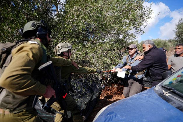 Israeli forces injure Palestinian farmer during raids on olive farms NABLUS, WEST BANK, PALESTINE - OCTOBER 2: Israeli military forces and settlers intervene against Palestinian farmers and international activists harvesting olives in the town of Beita, in Nablus, West Bank, Palestine on October 02, 2026. Israeli settlers beat the 46-year-old Palestinian man in the town of Beita, according to the Palestinian Red Crescent Society. Witnesses told Anadolu that a group of Israeli settlers fired stun grenades and tear gas at farmers in the Jabal al-Arma area, forcing them to leave. Issam Rimawi Anadolu Nablus West Bank. Editorial use only. Please get in touch for any other usage.  Copyright: x2026xAnadoluxIssamxRimawix