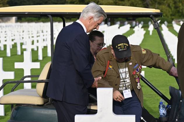 King Philippe - Filip of Belgium pictured with war veterans during a royal visit to the World War II Commemoration at the American Military Cemetery in Henri-Chapelle, Plombieres, on Friday 2 October 2026. The ceremony pays tribute to the American veterans in attendance and to their fallen comrades-in-arms. It features testimonials, musical performances, and prayers, as well as a wreath-laying ceremony, a salute, and a flyover by U.S. aircraft. ERICxLALMAND 188549841