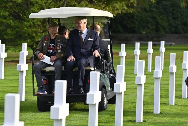 King Philippe - Filip of Belgium pictured with war veterans during a royal visit to the World War II Commemoration at the American Military Cemetery in Henri-Chapelle, Plombieres, on Friday 2 October 2026. The ceremony pays tribute to the American veterans in attendance and to their fallen comrades-in-arms. It features testimonials, musical performances, and prayers, as well as a wreath-laying ceremony, a salute, and a flyover by U.S. aircraft.  ERICxLALMAND 188549971