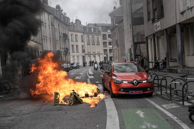 Students clash with police during high-school mobilization in Nancy NANCY, FRANCE - OCTOBER 2: Flames rise from burning barricades erected by high school students during nationwide education protests in Nancy, France on October 2, 2026. Students gather around several schools and clash with police forces as a nationwide high-school mobilization continues over school conditions and demands for greater education resources in Nancy. Police deploy security units around several locations as demonstrations and blockades continue. Muhammed Said Tako Anadolu Nancy France. Editorial use only. Please get in touch for any other usage.  Copyright: x2026xAnadoluxMuhammedxSaidxTakox