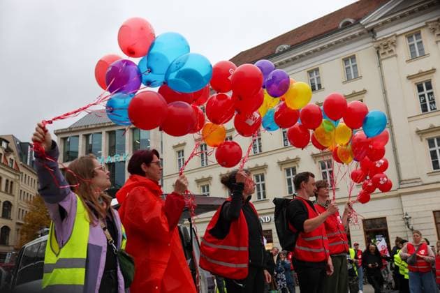 October 2, 2026, Leipzig, Saxony, Germany: LEIPZIG, GERMANY, OCTOBER 2, 2026: Families, childcare workers and educators demonstrate in Leipzig over staffing, funding and working conditions at daycare centres and after-school care facilities. Parents and children joined childcare employees as protesters marched through the city calling attention to concerns over the availability and quality of childcare services in Leipzig and the wider state of Saxony. Leipzig Germany - ZUMAq101 20261002_zna_q101_169 Copyright: xMariaxCastrox