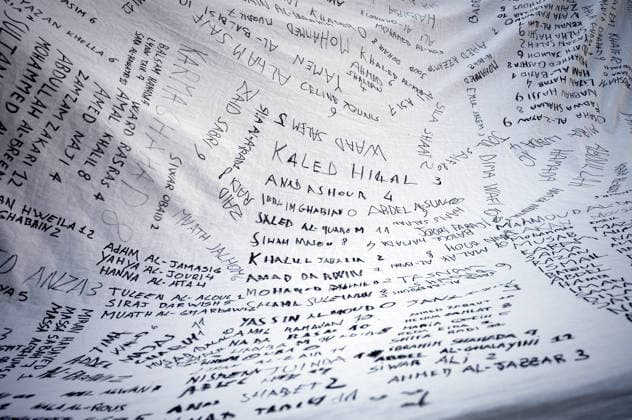 Shroud of Living Memory™, Demonstration for child deaths in Gaza PALERMO, ITALY - OCTOBER 2: The ˜Sudario della Memoria Viva™ (Shroud of Living Memory), a cloth approximately 70 metres long bearing the names of 18,500 Palestinian children killed in Gaza, is carried by demonstrators during a rally in support of Gaza on 2 October 2026 in Palermo, Italy. Palermo Sicily Italy Copyright: xStefanoxMontesix