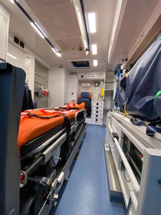 Flensburg, Schleswig-Holstein: Long Night of Democracy at Flensburg City Hall; Inside an ambulance; Various emergency vehicles parked on the City Hall plaza; Photo taken on October 2, 2026, in Flensburg