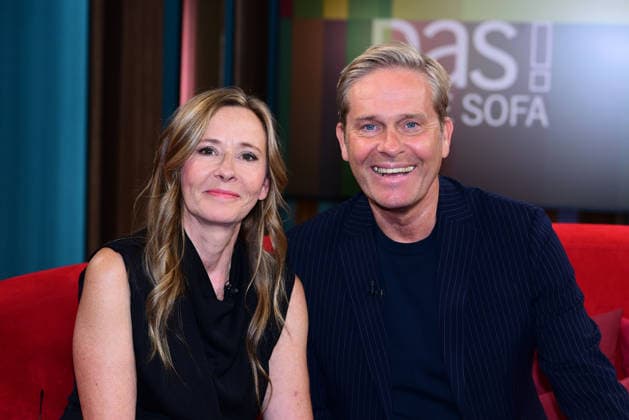 Andrea Wulf and Hinnerk Baumgarten during the Das Rote Sofa TV show at NDR Studios on October 2, 2026, in Hamburg, Germany. Andrea Wulf appears on the TV show Das Rote Sofa in Hamburg, Germany.