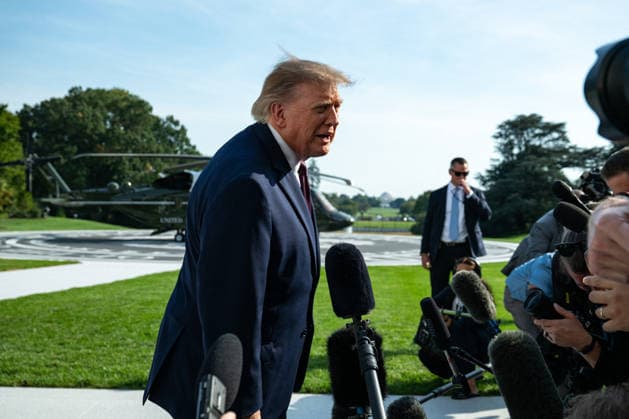 President Trump Departs the South Lawn United States President Donald J Trump speaks to press as he departs the South Lawn in Washington, DC, USA, on Friday, October 2, 2026. Credit: Annabelle Gordon Pool via CNP Washington District of Columbia United States Copyright: xPool ABACAx
