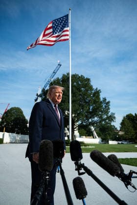 President Trump Departs the South Lawn United States President Donald J Trump speaks to press as he departs the South Lawn in Washington, DC, USA, on Friday, October 2, 2026. Credit: Annabelle Gordon Pool via CNP Washington District of Columbia United States Copyright: xPool ABACAx