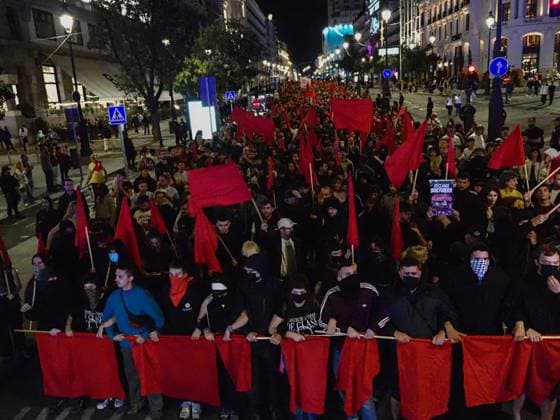 October 2, 2026, Madrid, Madrid, Spain: MADRID, SPAIN - October 02: Hundreds of people who remain camped in Puerta del Sol went out to march through the main streets of Madrid, passing through Calle AlcaloÂ¡, Plaza de Cibeles and Plaza de Neptuno, and returned to the encampment in Puerta del Sol shouting The fight goes on, whatever it takes Madrid Spain - ZUMAh199 20261002_zip_h199_011 Copyright: xAaronxHerediax