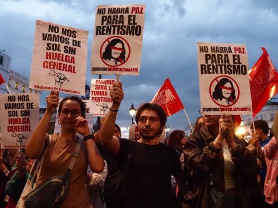 October 2, 2026, Madrid, Madrid, Spain: MADRID, SPAIN - October 02: Hundreds of people who remain camped in Puerta del Sol went out to march through the main streets of Madrid, passing through Calle AlcaloÂ¡, Plaza de Cibeles and Plaza de Neptuno, and returned to the encampment in Puerta del Sol shouting The fight goes on, whatever it takes Madrid Spain - ZUMAh199 20261002_zip_h199_016 Copyright: xAaronxHerediax