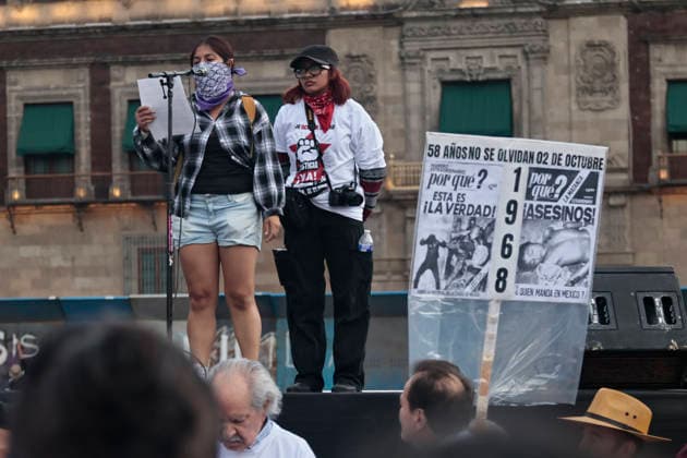 October 2, 2026, Mexico City, Cdmx, Mexico: Thousands of people carrying placards gathered at the Plaza de las Tres Culturas and the surrounding area to commemorate the 58th anniversary of the 1968 student massacre in Tlatelolco; they marched toward Mexico City s Zo³calo to hold a rally in memory of those who died during the 1968 student movement. Prior to this, hundreds of students arrived at the meeting point near the Tlatelolco Metro station, where a heavy police deployment from the Secretariat of Citizen Security (SSCCDMX) was already waiting for them; these hooded officers on motorcycles boxed the students in, both inside and outside the metro facilities, to prevent their peaceful movement, sparking conflict through abuses of authori - ZUMAp204 20261002_zip_p204_137 Copyright: xJosuexPerezx