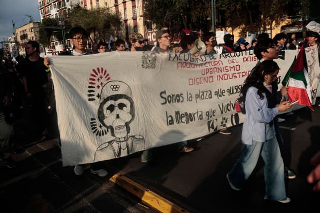 October 2, 2026, Mexico City, Cdmx, Mexico: Thousands of people carrying placards gathered at the Plaza de las Tres Culturas and the surrounding area to commemorate the 58th anniversary of the 1968 student massacre in Tlatelolco; they marched toward Mexico City s Zo³calo to hold a rally in memory of those who died during the 1968 student movement. Prior to this, hundreds of students arrived at the meeting point near the Tlatelolco Metro station, where a heavy police deployment from the Secretariat of Citizen Security (SSCCDMX) was already waiting for them; these hooded officers on motorcycles boxed the students in, both inside and outside the metro facilities, to prevent their peaceful movement, sparking conflict through abuses of authori - ZUMAp204 20261002_zip_p204_125 Copyright: xJosuexPerezx