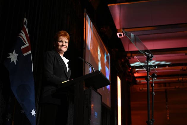 ONE NATION CAMPAIGN LAUNCH, One Nation leader Pauline Hanson speaks during the launch of the One Nation 2026 Victorian State Campaign at in Melbourne, Saturday, October 3, 2026. ( NO ARCHIVING MELBOURNE VICTORIA Australia  Copyright: xJOELxCARRETTx 20261003175570844825