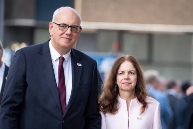Celebrations for German Unity Day 2026 in Bremen: Andreas Bovenschulte, President of the Bundesrat, together with his wife Kerstin Krueger, professor of integrated plant protection, welcoming guests to the celebrations for German Unity Day 2026 in Bremen, Bremen, October 3, 2026, Bremen, Bremen, Germany