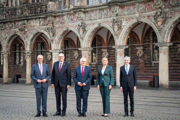 Celebrations for German Unity Day 2026 in Bremen: Federal Chancellor Friedrich Merz (CDU), together with Andreas Bovenschulte, President of the Bundesrat, Federal President Frank-Walter Steinmeier, Bundestag President Julia Kloeckner, and Stephan Ha