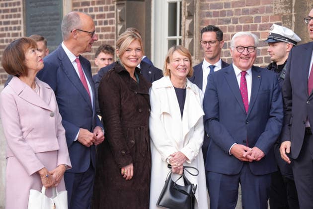 German Unity Day celebrations in Bremen: Charlotte Merz with her husband, Federal Chancellor Friedrich Merz (CDU), alongside Bundestag President Julia Kloeckner, Elke Buedenbender, and Federal President Frank Walter Steinmeier upon their arrival at the 2026 German Unity Day celebrations in Bremen, Bremen, October 3, 2026, Bremen, Bremen, Germany
